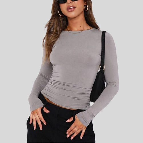 Camiseta Dama Manga Larga Remera Algodón Básica Gris M Lisa