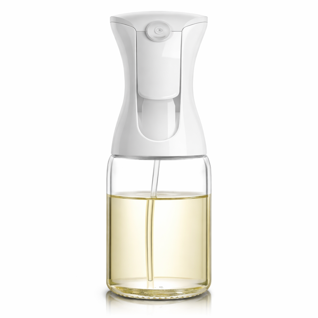 Clear spray bottle with white top on a white background