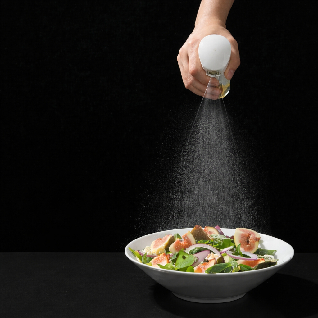 Hand holding a salt shaker over a bowl of salad with salt being sprinkled.