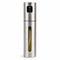 Stainless steel spray bottle with a clear window on a white background