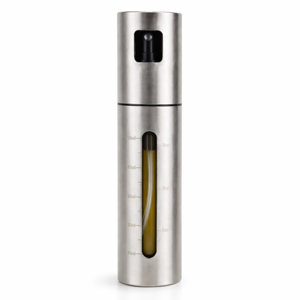 Stainless steel spray bottle with a clear window on a white background