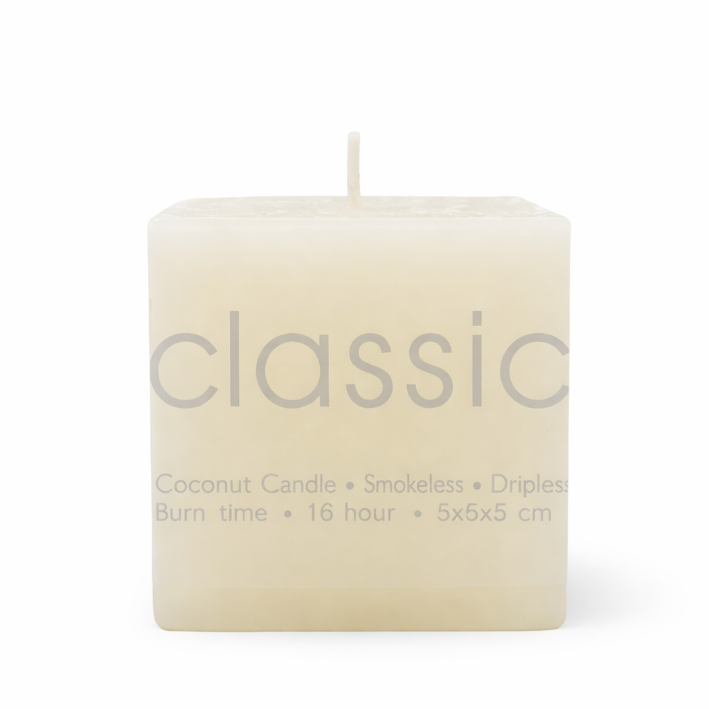 White candle with 'classic' text on a white background
