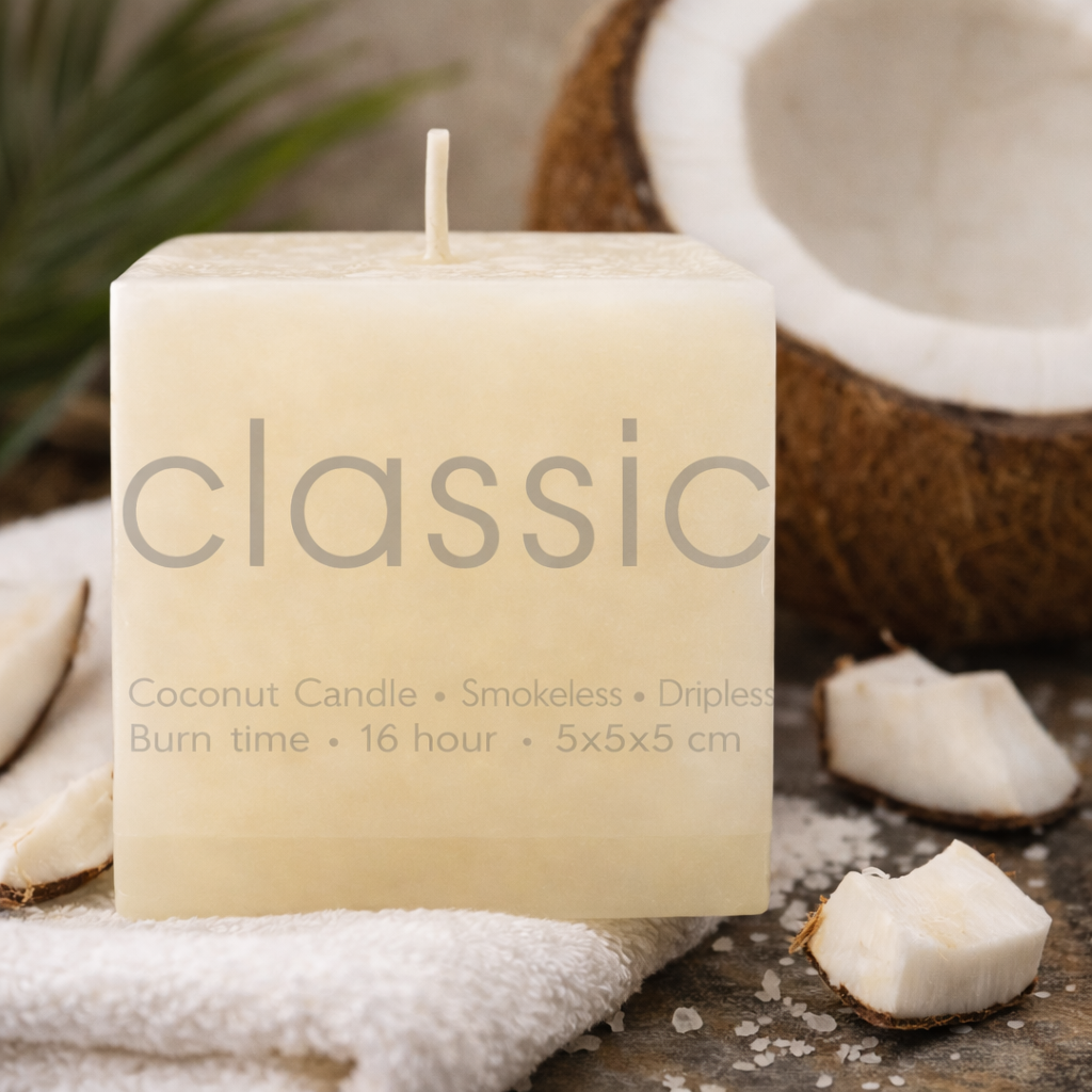 Coconut candle labeled 'classic' with coconuts on a wooden surface