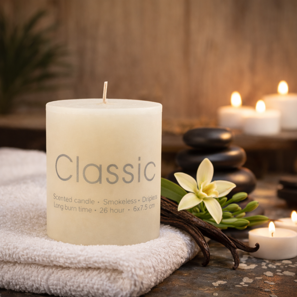 Vela aromática de vainilla color crema, diseño cilíndrico clásico, fabricada en cera, con mecha central y etiqueta minimalista, ideal para decoración y aromatizar ambientes. En un Spa. 