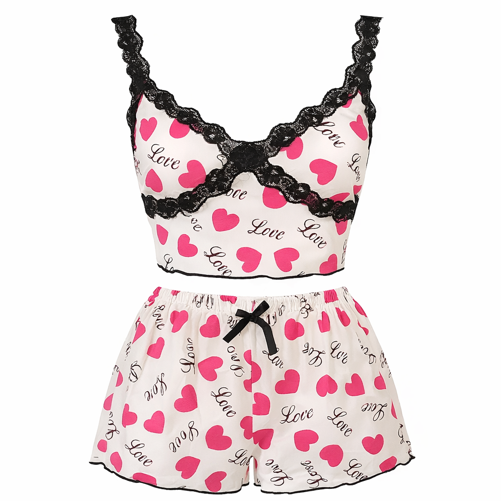 Two-piece pajama set with heart and 'love' pattern on a white background