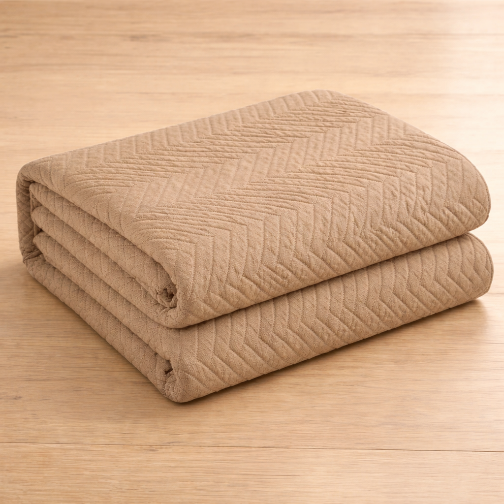 Folded beige quilt on a wooden surface