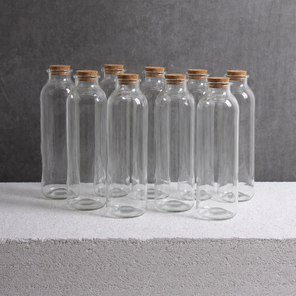 Varias botellas de vidrio con tapa de corcho