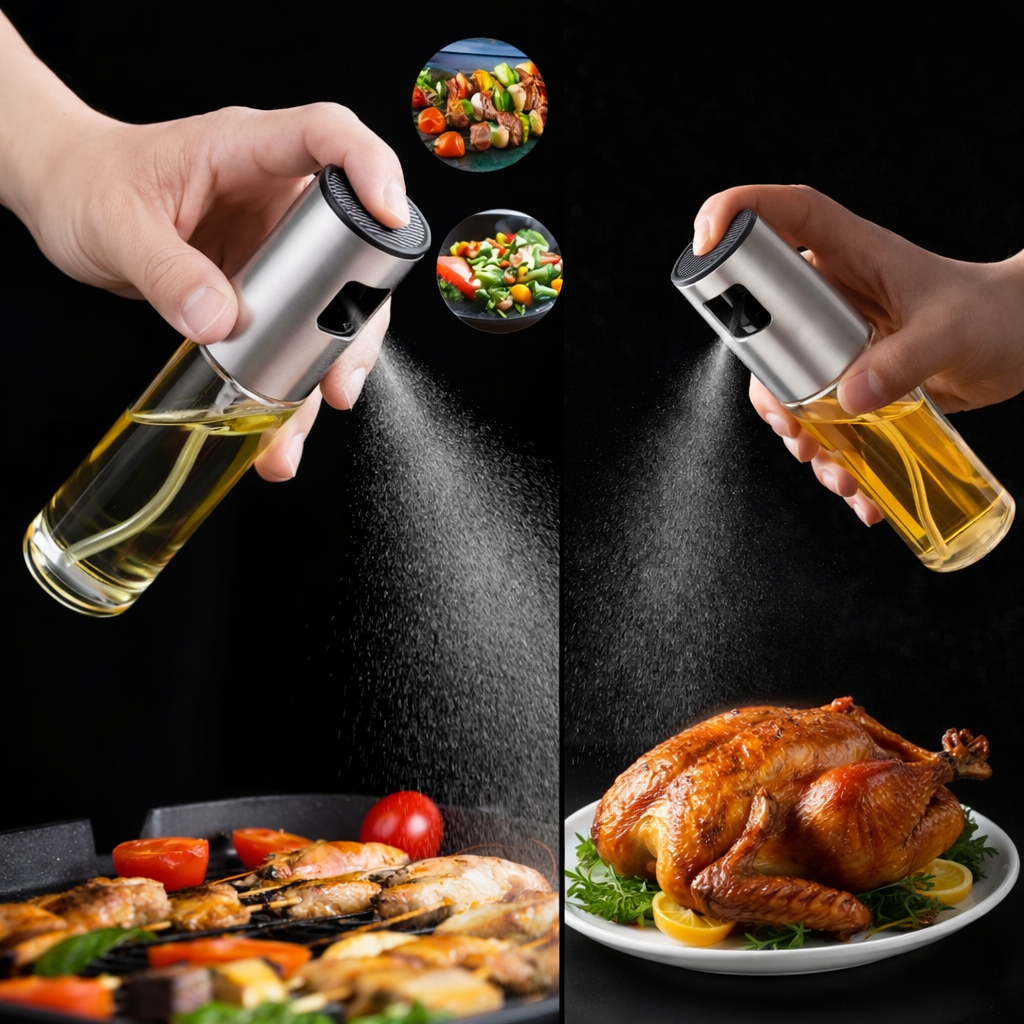 Olive oil sprayer being used on food with close-ups of vegetables and a roasted chicken.