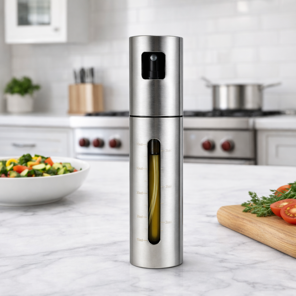 Silver oil sprayer on a kitchen counter with vegetables and kitchen appliances in the background