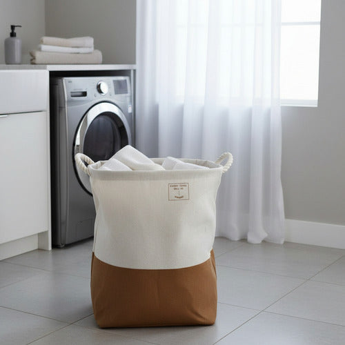 Cesto De Tela Con Asas De Cuerda Para Ropa Lavable Beige Lisa