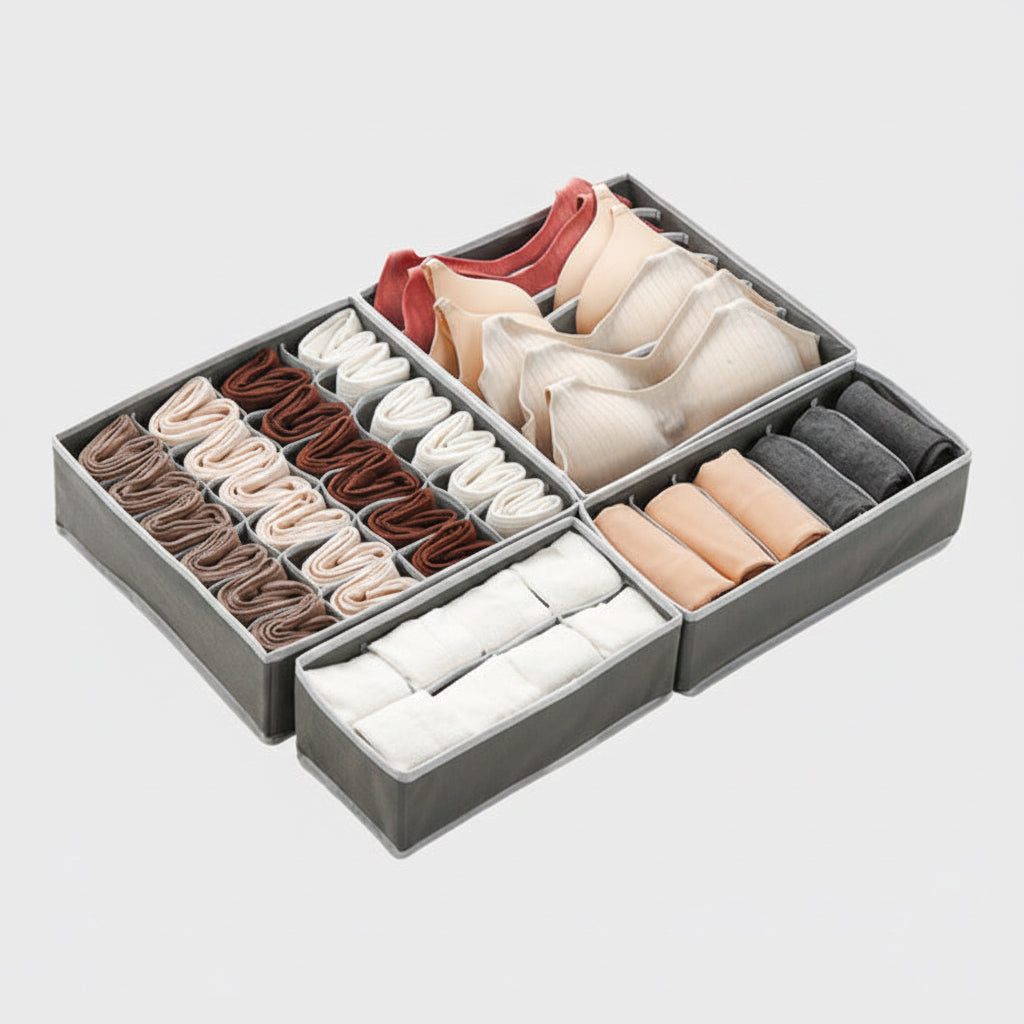 Set Organizador Ropa X4 Cajas Varios Tamaños En Tela Gris Oscuro