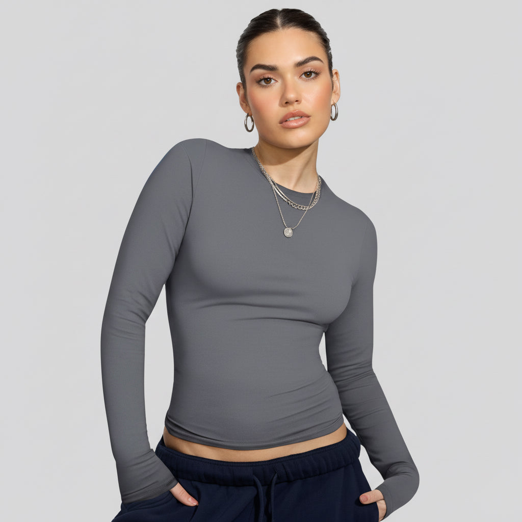 Camiseta Dama Manga Larga Remera Algodón Básica Gris M Lisa