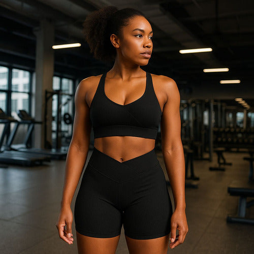 Calza Biker Deportiva Negra De Mujer Con Push Up Tela Morley Negro Lisa