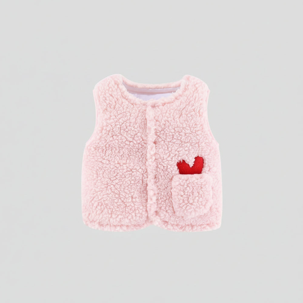 Chaleco Bebé Abrigado Corderito Suave Con Bolsillo Y Bordado Rosa Lisa 6-9 Meses