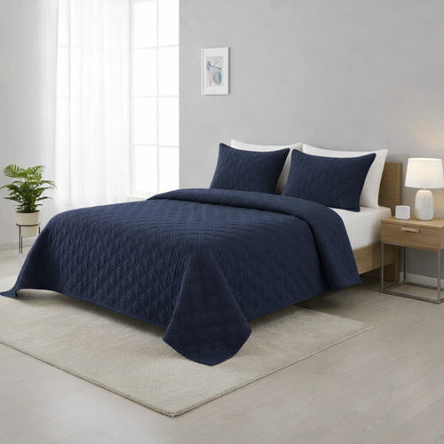 Cubrecama Colcha De 2 Plazas + 2 Fundas Almohada + Bolsón Azul Lisa