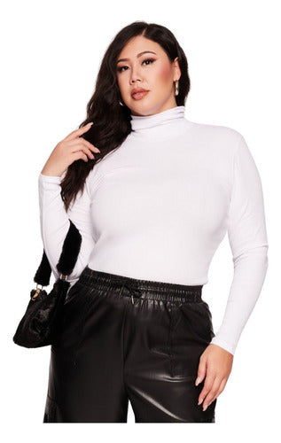 Polera Dama Manga Larga Con Cuello Algodón Plus Size Blanco Liso 4xl Lisa