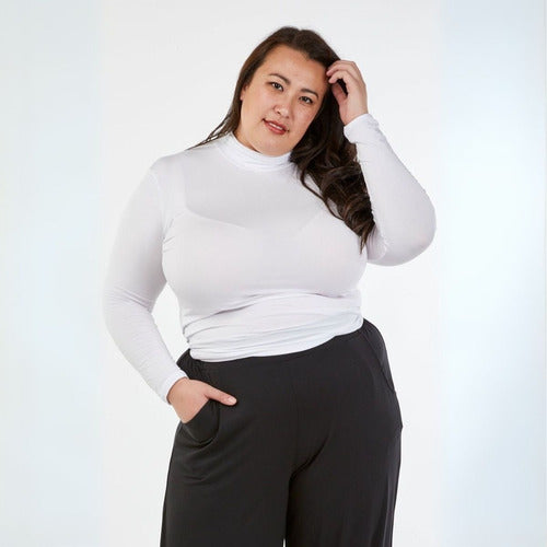 Polera Dama Manga Larga Con Cuello Algodón Plus Size Blanco Liso 4xl Lisa