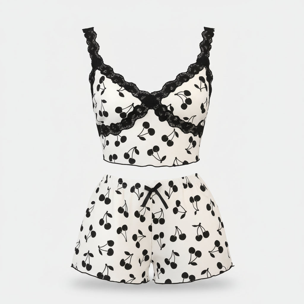 Pijama Mujer 2 Piezas Remera + Short Verano Calidad Premium Negro Cerezas S/m