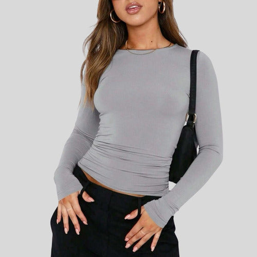Camiseta Dama Manga Larga Remera Algodón Básica Gris M Lisa