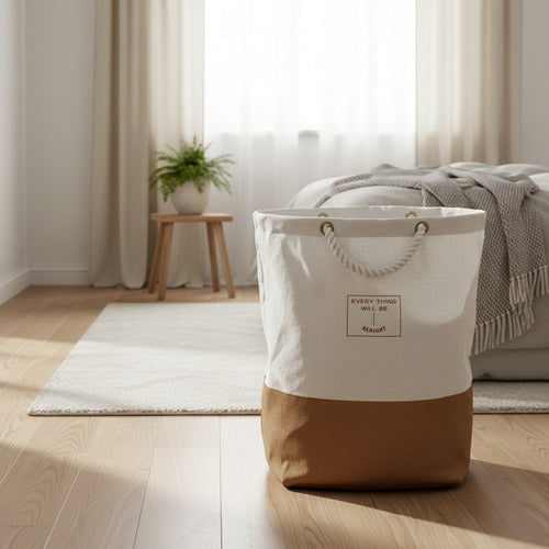 Cesto De Tela Con Asas De Cuerda Para Ropa Lavable Beige Lisa
