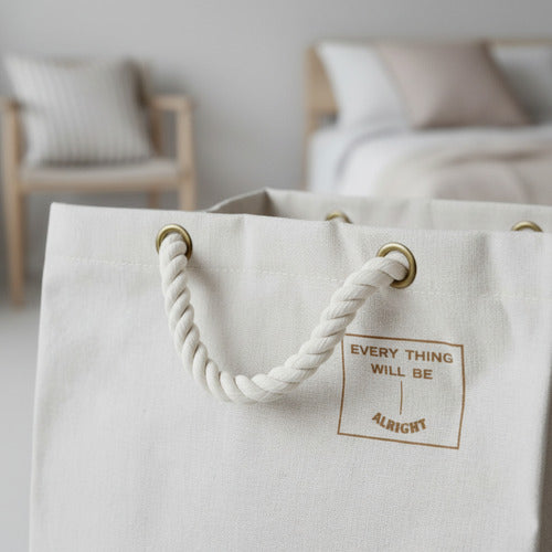 Cesto De Tela Con Asas De Cuerda Para Ropa Lavable Beige Lisa