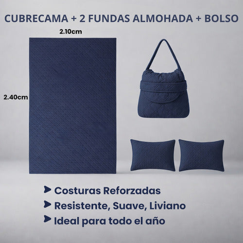 Cubrecama Colcha De 2 Plazas + 2 Fundas Almohada + Bolsón Azul Lisa