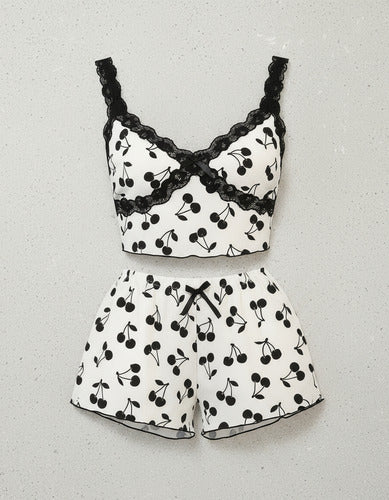 Pijama Mujer 2 Piezas Remera + Short Verano Calidad Premium Negro Cerezas S/m