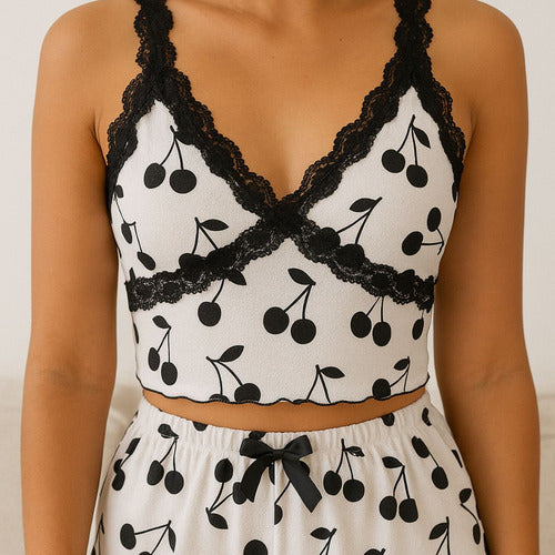 Pijama Mujer 2 Piezas Remera + Short Verano Calidad Premium Negro Cerezas S/m