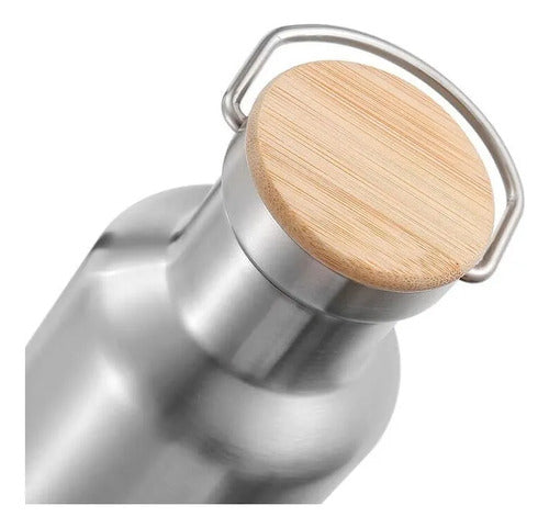 Botella Térmica Acero Inoxidable Tapa Bambú Plateado