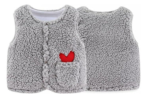 Chaleco Bebé Abrigado Corderito Suave Con Bolsillo Y Bordado Gris Claro Lisa 3-6 Meses