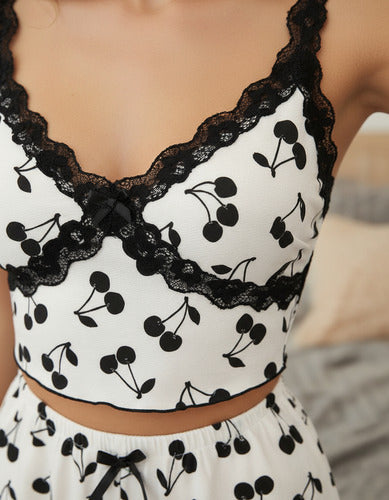 Pijama Mujer 2 Piezas Remera + Short Verano Calidad Premium Negro Cerezas S/m