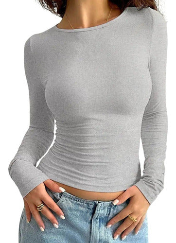 Camiseta Dama Manga Larga Remera Algodón Básica Gris M Lisa