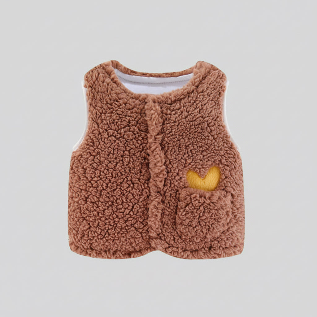 Chaleco Bebé Abrigado Corderito Suave Con Bolsillo Y Bordado Marrón Claro Lisa 3-6 Meses