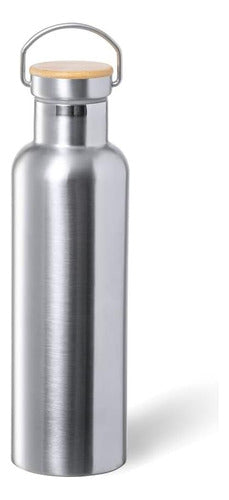 Botella Térmica Acero Inoxidable Tapa Bambú Plateado