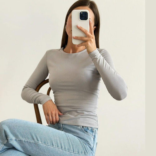 Camiseta Dama Manga Larga Remera Algodón Básica Gris M Lisa