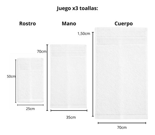 3 toallas de diferentes tamaños con informacion sobre medidas