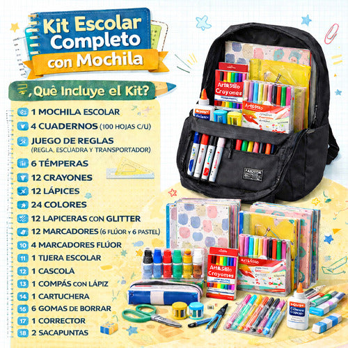 Set Escolar Completo Con Mochila Útiles Escolares Cuadernola