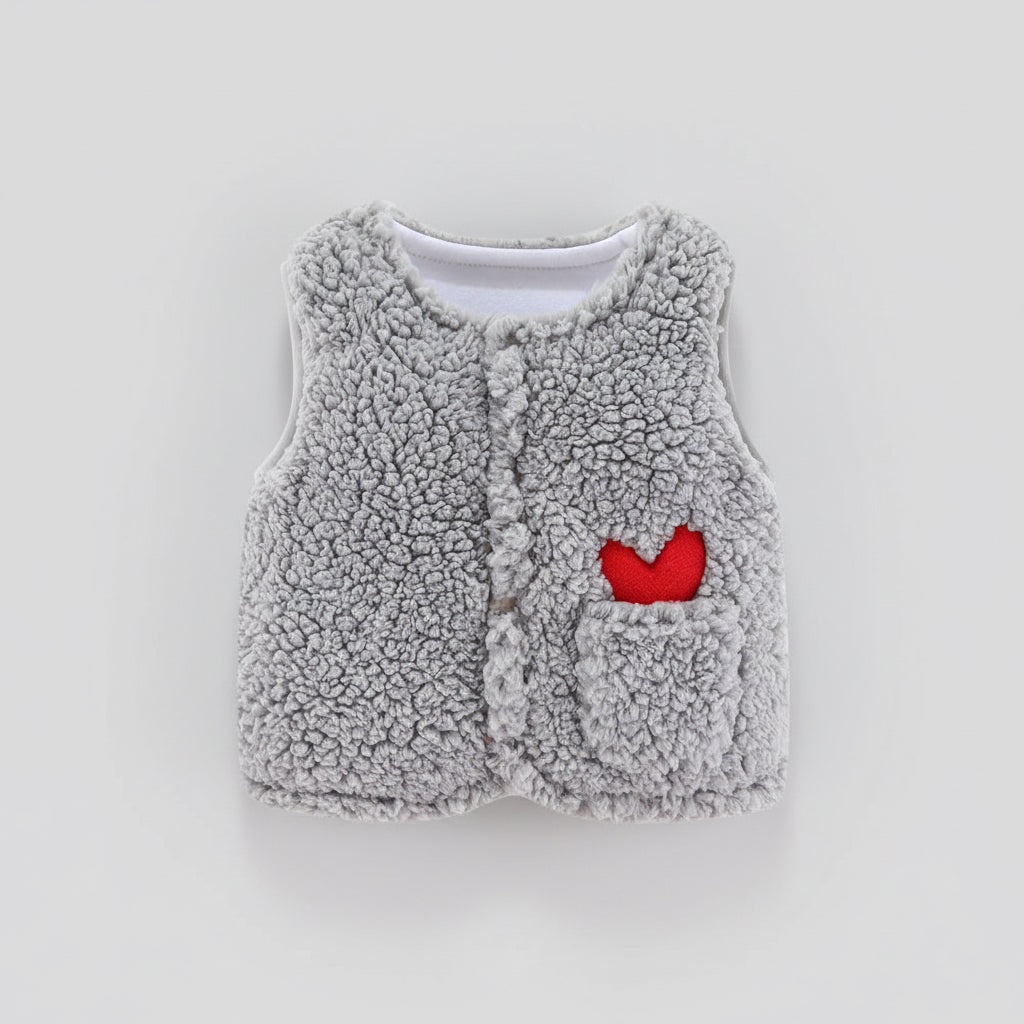 Chaleco Bebé Abrigado Corderito Suave Con Bolsillo Y Bordado Gris Claro Lisa 3-6 Meses