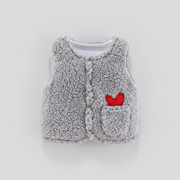 Chaleco Bebé Abrigado Corderito Suave Con Bolsillo Y Bordado Gris Claro Lisa 3-6 Meses