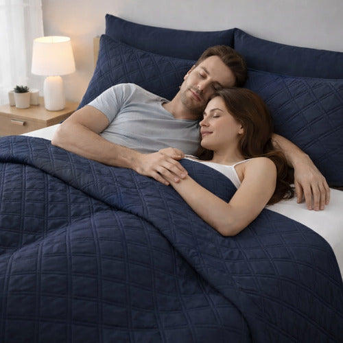 Cubrecama Colcha De 2 Plazas + 2 Fundas Almohada + Bolsón Azul Lisa