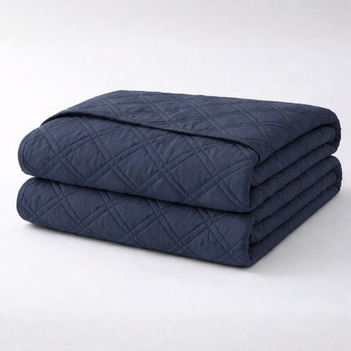 Cubrecama Colcha De 2 Plazas + 2 Fundas Almohada + Bolsón Azul Lisa