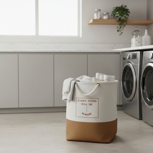 Cesto De Tela Con Asas De Cuerda Para Ropa Lavable Beige Lisa