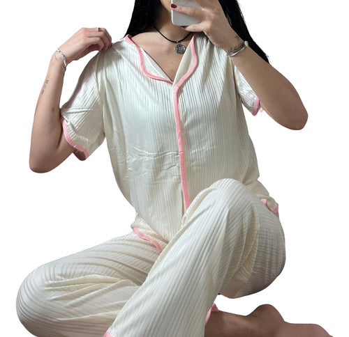 Pijama Mujer Camisa Y Pantalón Suaves Y Comodos Blanco Liso Unico