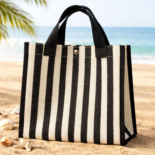 Bolso De Playa Negro Playero Cartera Verano Para Mujer Negro Rayas Plateado Negro