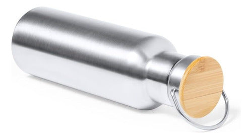 Botella Térmica Acero Inoxidable Tapa Bambú Plateado