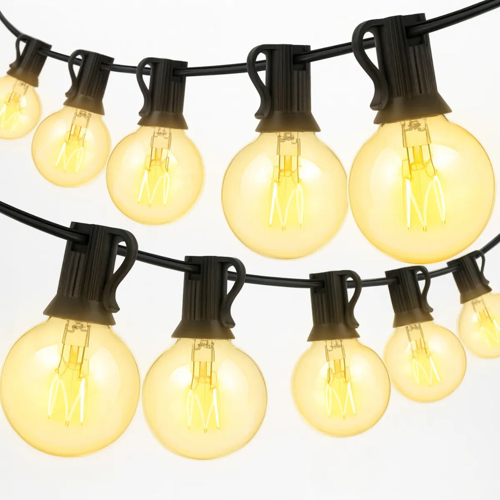 String of outdoor lights with clear bulbs on a white background