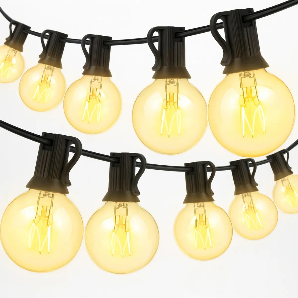 String of outdoor lights with clear bulbs on a white background