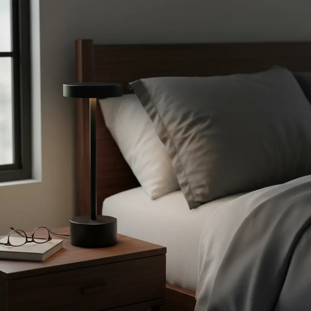 Black table lamp on a wooden nightstand next to a bed with pillows