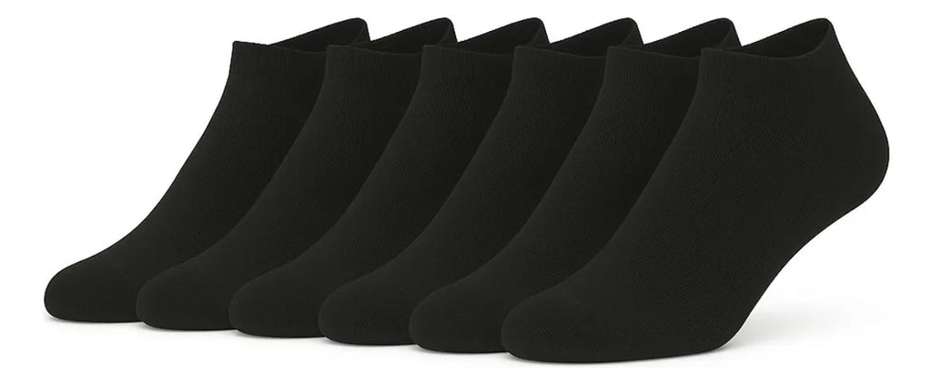 Set of six black ankle socks on a white background