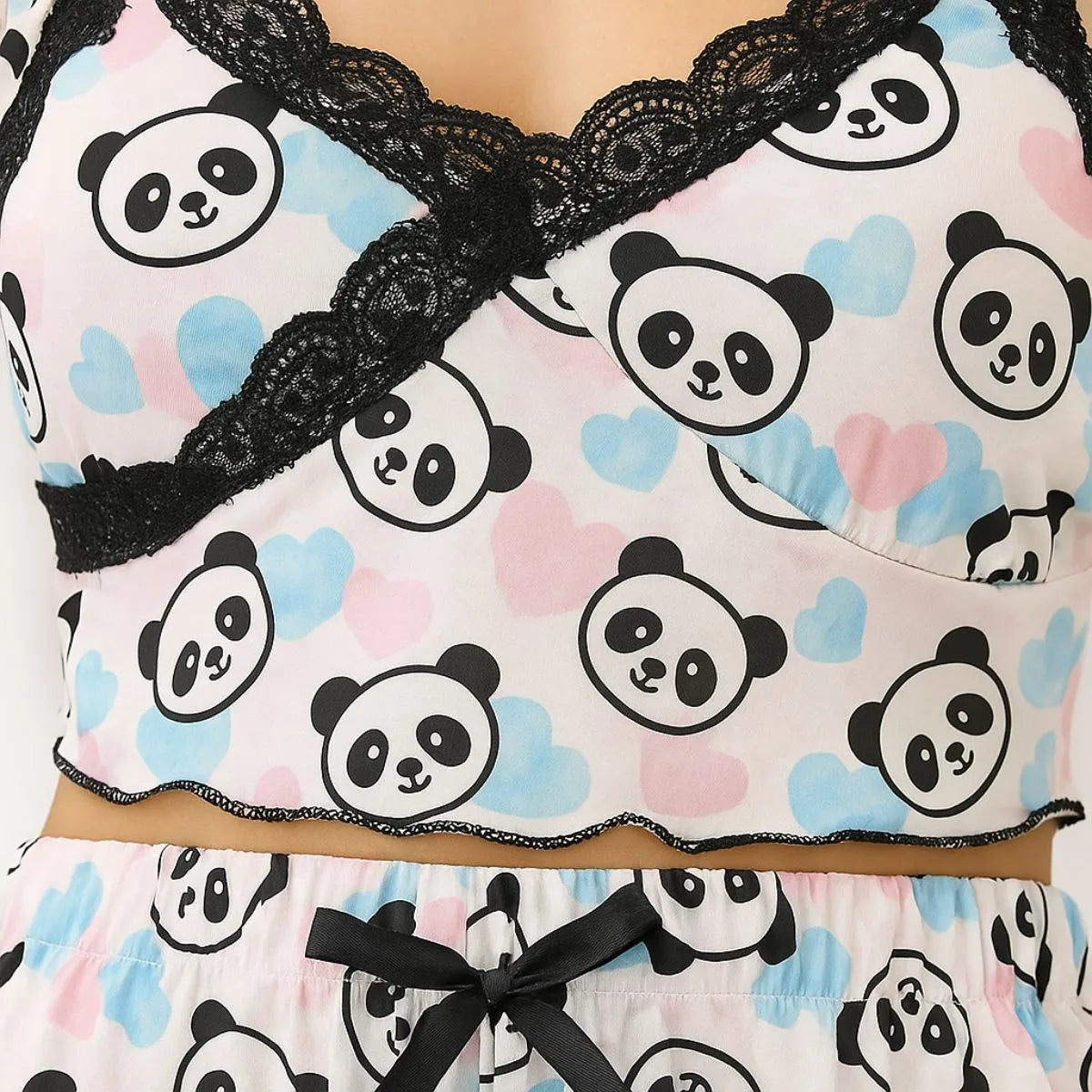 Pajama top with panda pattern and black lace trim